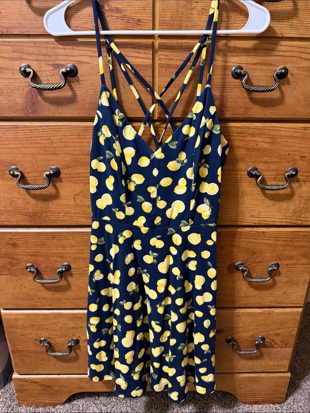 nine britton Navy Lemon Print Strappy Midi Dress